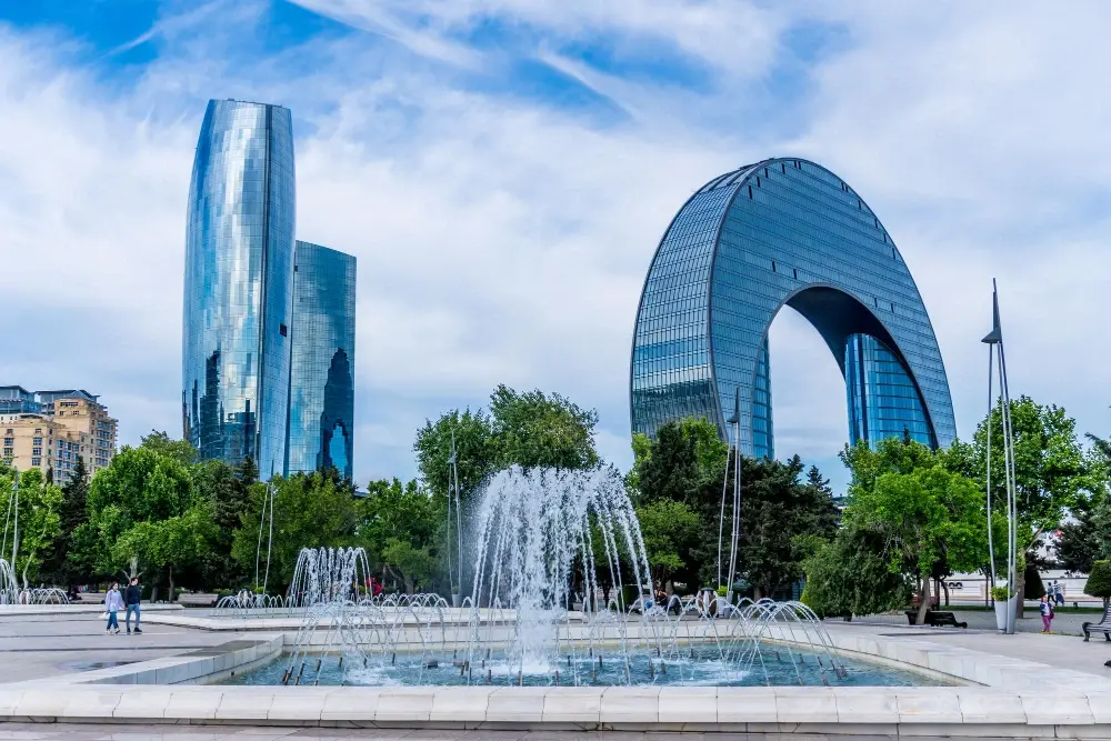 modern architecture and a fountain in Baku, Azerbaijan,