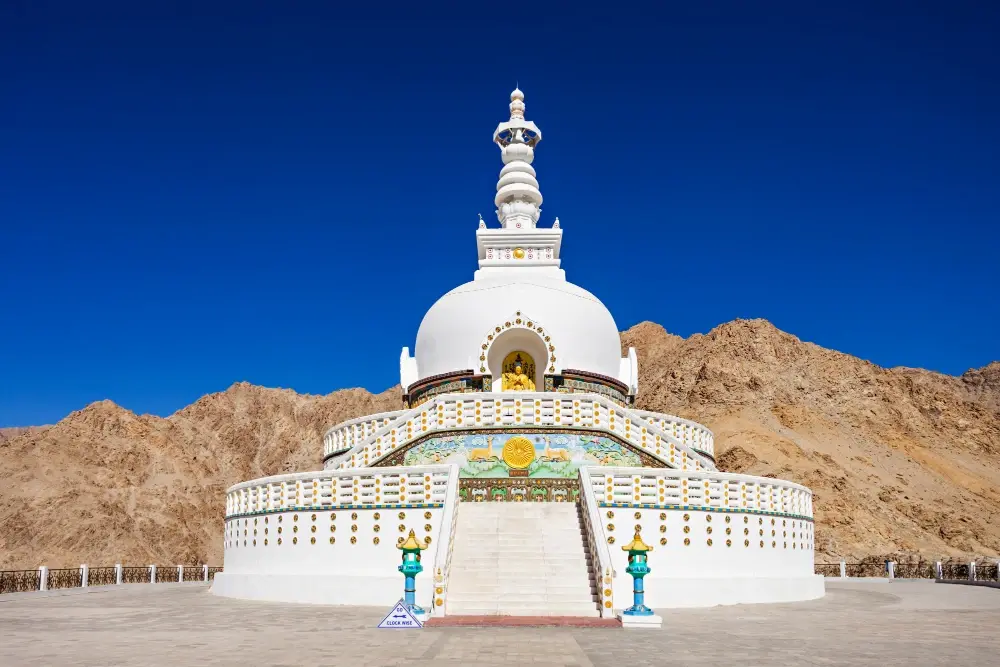 Shanti Stupa, a significant Buddhist monument located on a hilltop in Leh, Ladakh, India.