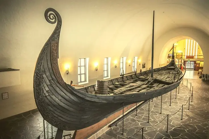 Oseberg ship, one of the best-preserved Viking ships in the world, displayed at the Viking Ship Museum in Oslo, Norway. 