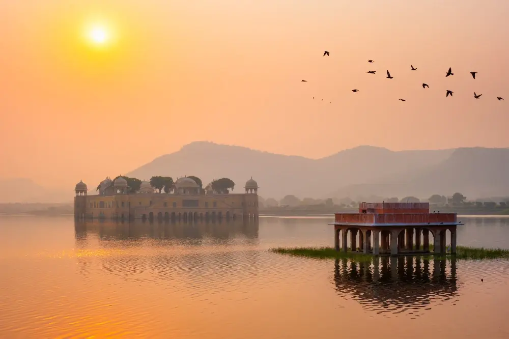  tranquil sunrise at the Jal Mahal (Water Palace) in Jaipur, Rajasthan, India. 