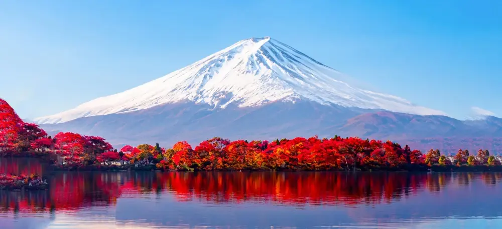 beautiful view of Mount Fuji, Japan's iconic and sacred volcano, reflected in Lake Kawaguchi.