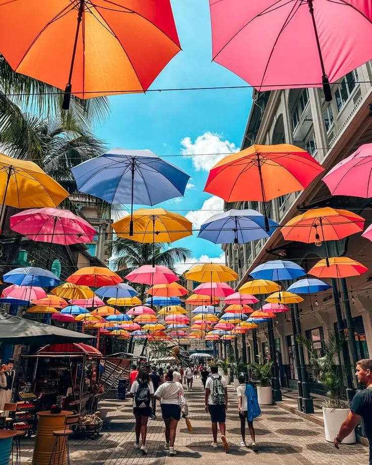 Umbrella Square at the Caudan Waterfront in Port Louis, Mauritius. 
