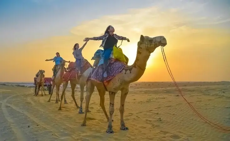  sunset camel safari in the Thar Desert in near Jaisalmer.