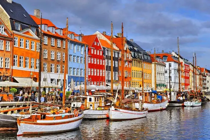  Nyhavn, a 17th-century waterfront canal and entertainment district in Copenhagen, Denmark. 