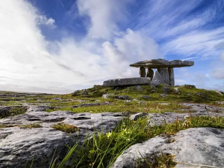 Poulnabrone Dolmen, a famous megalithic tomb located in the Burren, County Clare, Ireland. 